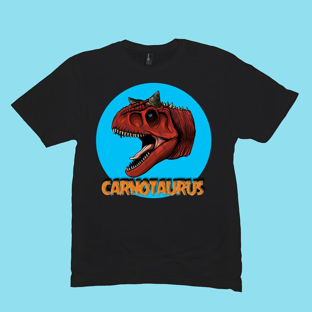 Jurassic Studios Men Carnotaurus Head T-Shirt features a red dinosaur head in a blue circle with bold orange CARNOTAURUS lettering—an exclusive gift thats perfect for any dinosaur fan.