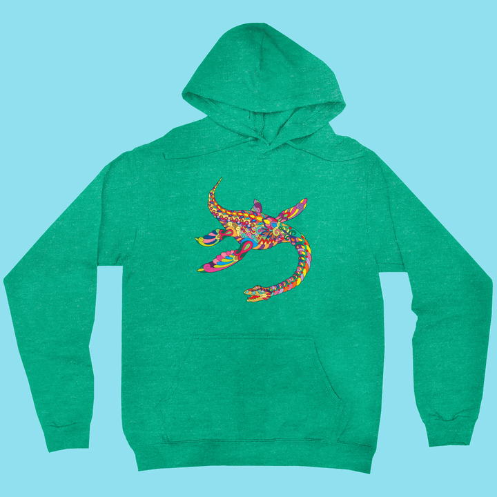 Jurassic Studio’s Men Plesiosaurus Zentangle Hoodie features a detailed, colorful sea turtle-inspired pattern on the front—ideal for anyone seeking unique style.