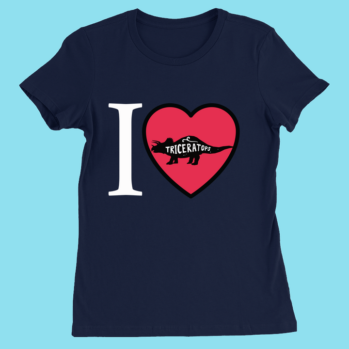 The Women I Love Triceratops T-Shirt by Jurassic Studio features a navy blue design with I ❤️ Triceratops text and silhouette—an ideal dinosaur gift for fans.