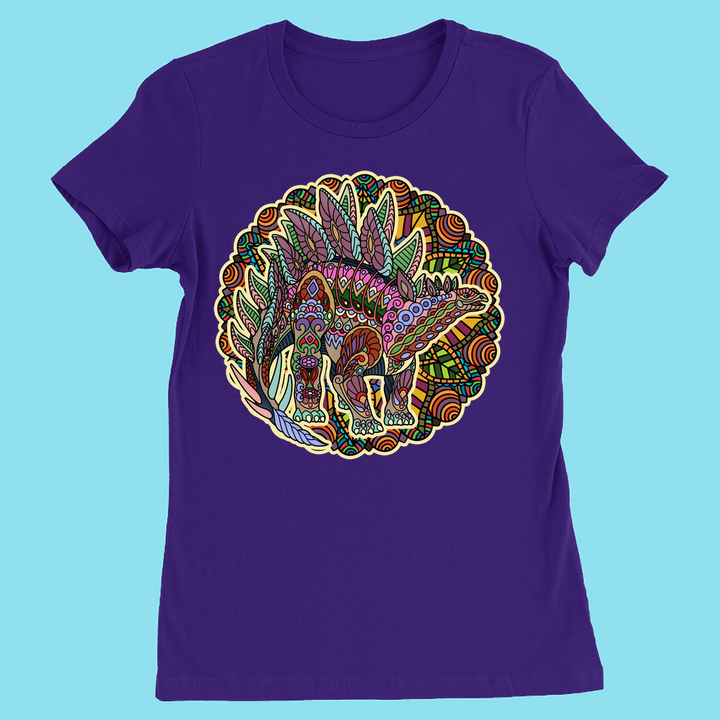The Women Stegosaurus Mandala T-Shirt by Jurassic Studio features a colorful, intricate stegosaurus design in vibrant green, red, yellow, and orange on light blue—a unique gift for dinosaur lovers.