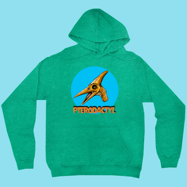Jurassic Studio’s Women Pterodactyl Head Hoodie: a green unisex hoodie with a cartoon pterodactyl head in a blue circle and bold orange PTERODACTYL text—perfect for dinosaur fans.