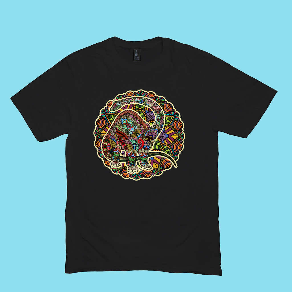 Men’s Brontosaurus Mandala T-Shirt by Jurassic Studio—black tee with a colorful circular dinosaur mandala design, blending vibrant geometric shapes for a unique gift for dino fans.