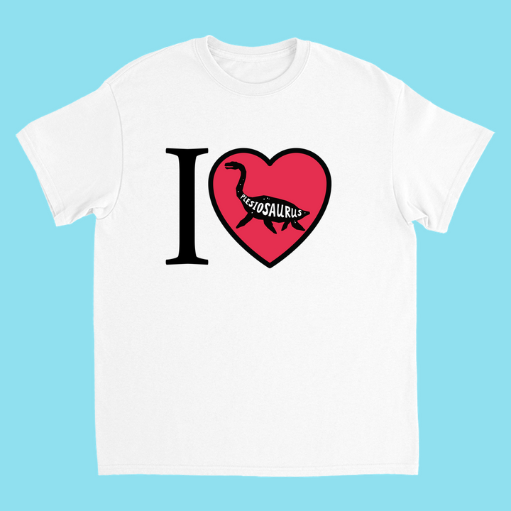 A white Kids I Love Plesiosaurus T-Shirt from Jurassic Studio, featuring I ♥ Plesiosaurus in black with a red heart and Plesiosaurus silhouette—an ideal dinosaur fan gift on a light blue background.