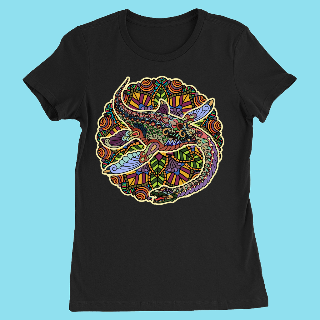 Black Women’s Plesiosaurus Mandala T-Shirt by Jurassic Studio. Features a colorful mandala-style Plesiosaurus design on a circular stained-glass background. An exclusive gift for dinosaur fans, displayed against a light blue backdrop.