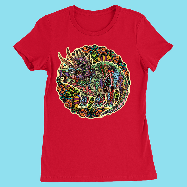 The Women Triceratops Mandala T-Shirt by Jurassic Studio features a colorful, intricately patterned triceratops with bold, vibrant abstract designs on light blue—a perfect dinosaur-themed gift.