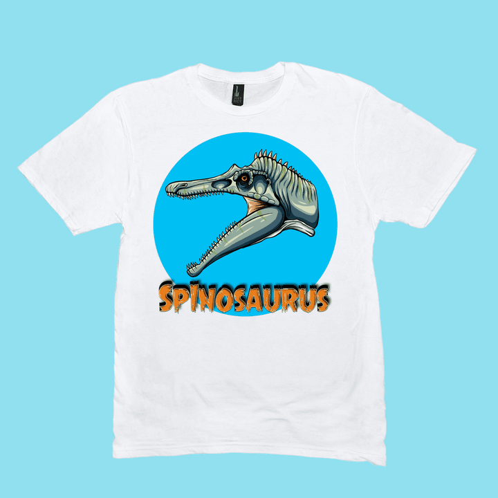 The Men Spinosaurus Head T-Shirt by Jurassic Studio features a cartoon dino in a blue circle above bold orange “SPINOSAURUS” text—a perfect gift for dinosaur fans!.