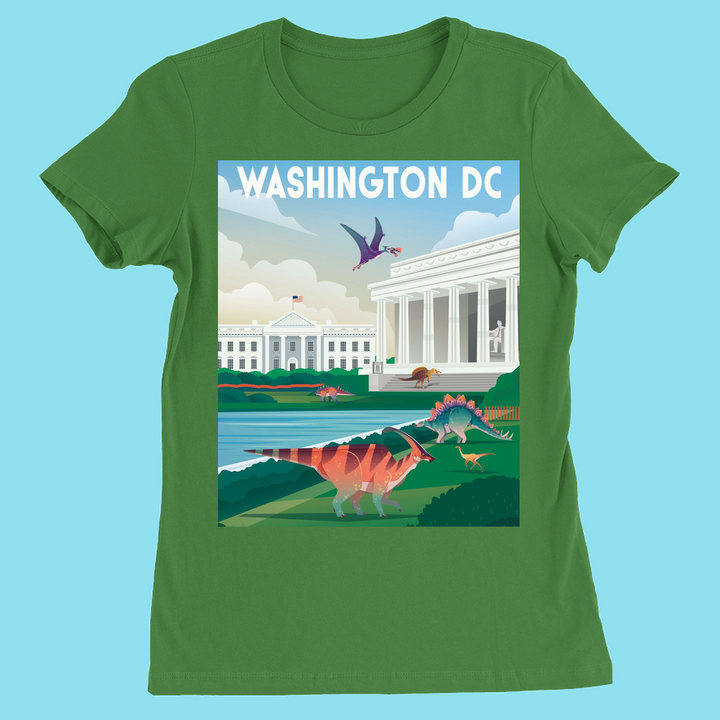 Jurassic Studio’s Women Washington DC T-Shirt features a green design with dinosaurs near the White House and Lincoln Memorial, plus WASHINGTON DC at the top—ideal as a unique dinosaur fan gift.