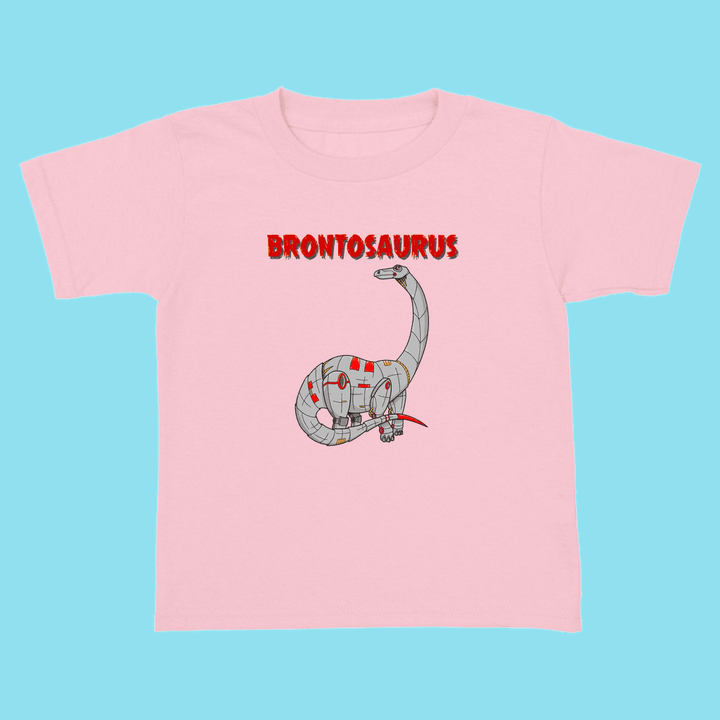 The Toddler Robot Brontosaurus T-Shirt by Jurassic Studio features a metallic robotic dinosaur design with bold BRONTOSAURUS lettering—the perfect gift for any young dino fan.