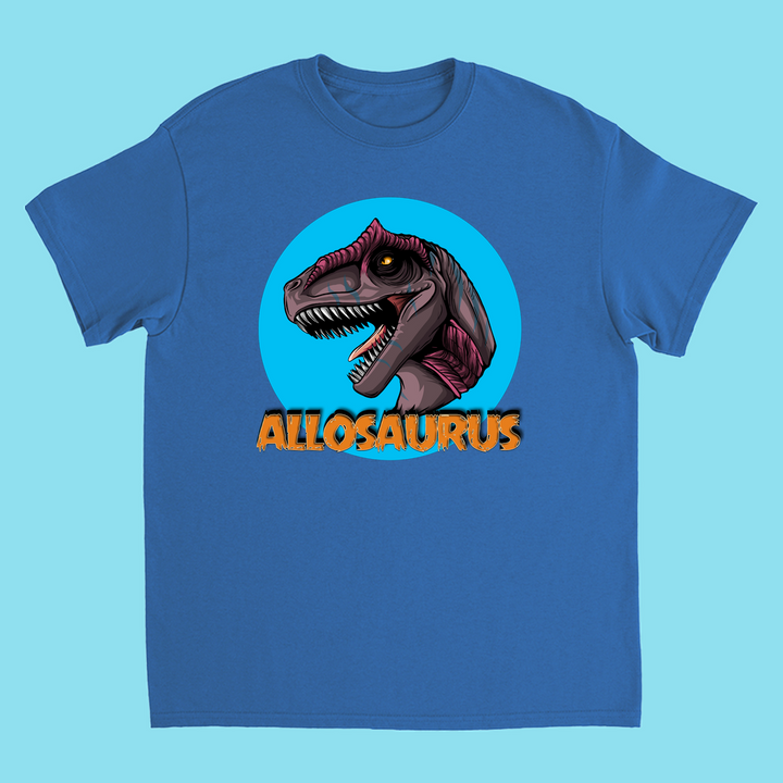 Kids Allosaurus Head T-Shirt by Jurassic Studio—features an illustrated allosaurus head in a blue circle, with bold orange ALLOSAURUS text below. A perfect exclusive gift for dinosaur fans.