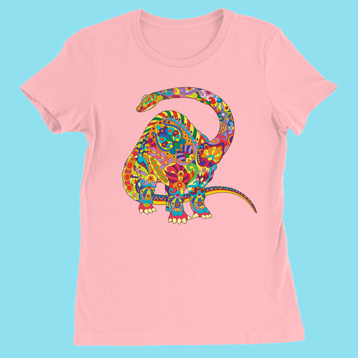 The Jurassic Studio Women Brontosaurus Zentangle T-Shirt is a light pink slim fit tee with a vibrant, colorful dinosaur graphic featuring swirls, floral, and geometric patterns on a light blue background.