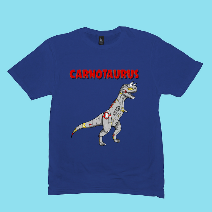 Jurassic Studios Men Robot Carnotaurus T-Shirt features a blue design with a cartoon Robot Carnotaurus, metallic accents, bold red Carnotaurus label—a fun dinosaur fan gift and exclusive to Jurassic Studio.