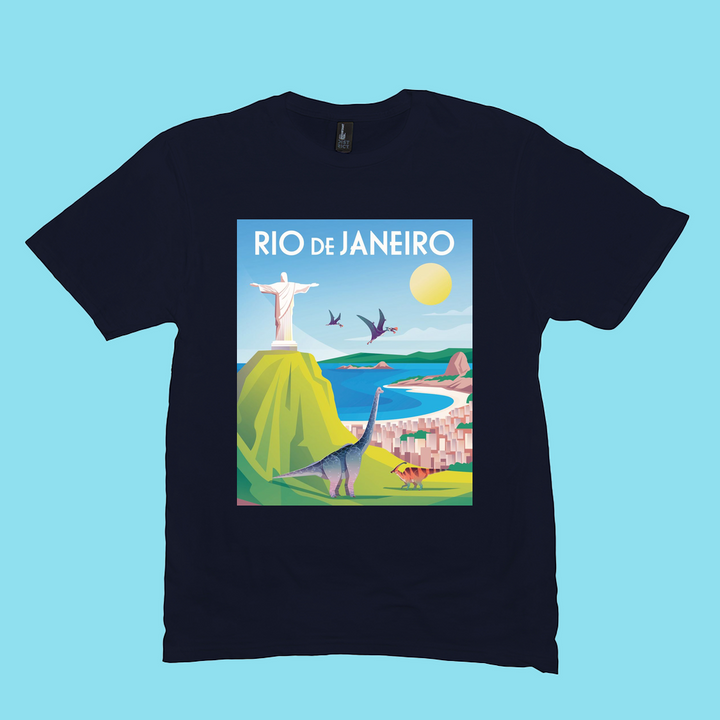 The Men Rio de Janeiro T-Shirt by Jurassic Studio features a vibrant scene of Christ the Redeemer, beach, buildings, sun, and dinosaurs with RIO DE JANEIRO text; perfect for dinosaur fans or as a unique Dino de Janeiro gift.