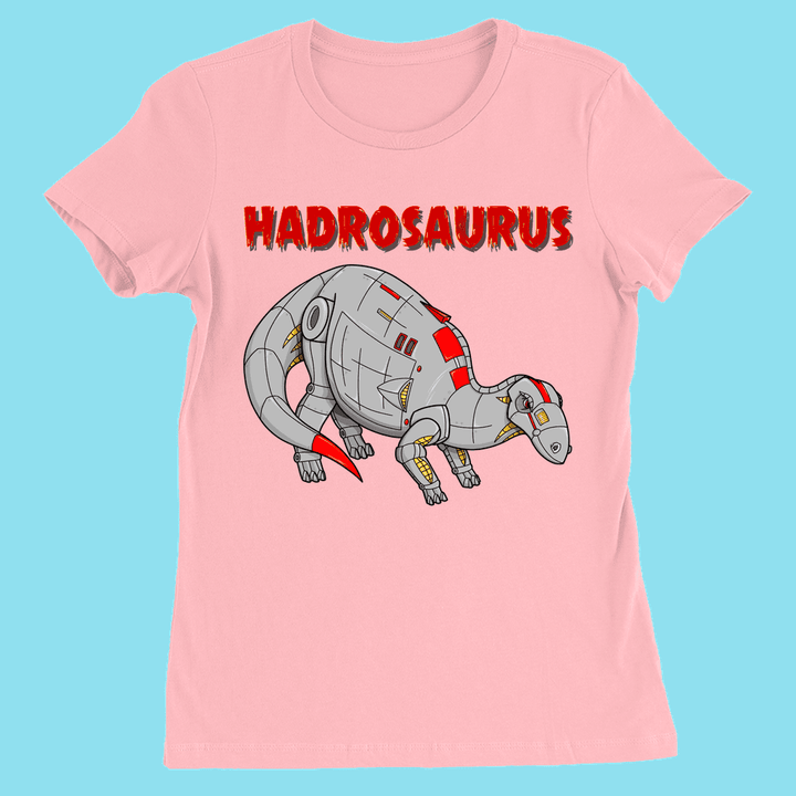 The Women Robot Hadrosaur T-Shirt by Jurassic Studio features a cartoon robotic hadrosaurus with gray metal plates and red accents under bold red HADROSAURUS text—a perfect gift for dinosaur fans.