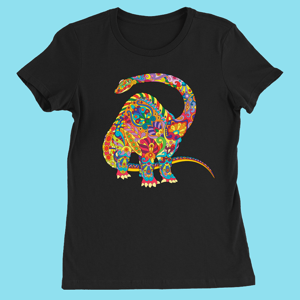 The Jurassic Studio Women Brontosaurus Zentangle T-Shirt features a colorful paisley dinosaur graphic on light blue Airlume cotton.
