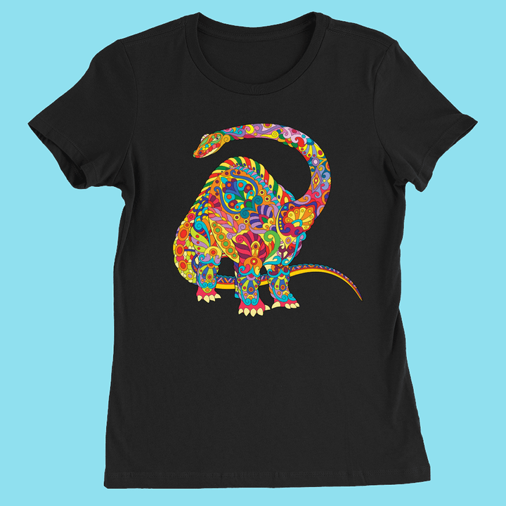 The Jurassic Studio Women Brontosaurus Zentangle T-Shirt features a colorful paisley dinosaur graphic on light blue Airlume cotton.