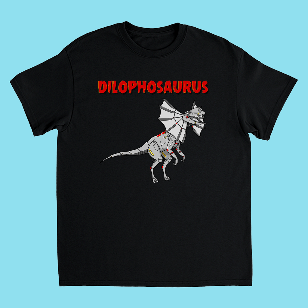 The Jurassic Studio Kids Robot Dilophosaurus T-Shirt features a robot-style dinosaur with frills and bold red “Dilophosaurus” text on black—perfect for young dino fans or as a unique gift.