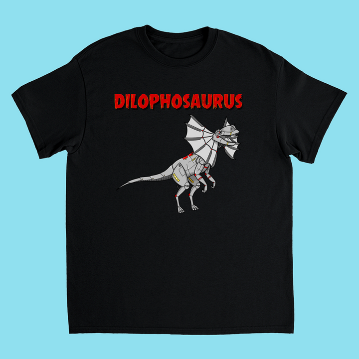 The Jurassic Studio Kids Robot Dilophosaurus T-Shirt features a robot-style dinosaur with frills and bold red “Dilophosaurus” text on black—perfect for young dino fans or as a unique gift.