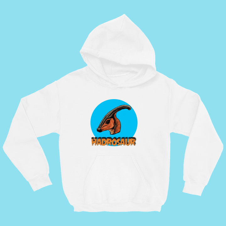 The Kids Hadrosaur Head Hoodie by Jurassic Studio features a hadrosaur dinosaur head in a blue circle with bold orange HADROSAUR text below—perfect for any young dinosaur fan.