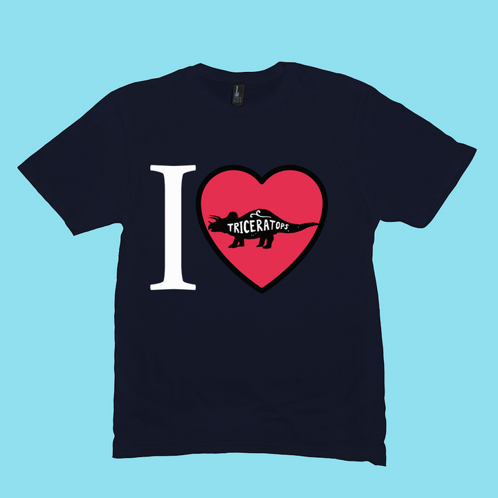 The Men I Love Triceratops T-Shirt by Jurassic Studio features a black tee with I ❤️ and a triceratops silhouette, plus Triceratops. A perfect gift for dinosaur fans and a Jurassic Studio exclusive!.