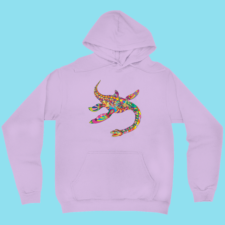 The Men Plesiosaurus Zentangle Hoodie by Jurassic Studio is a lavender unisex hoodie with a vibrant mosaic-style Plesiosaurus graphic on the front, shown on a light blue background.