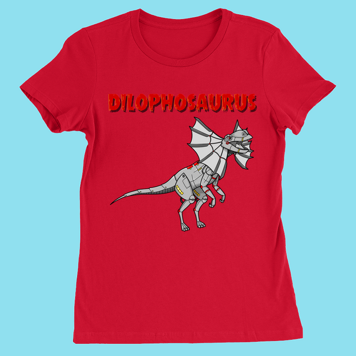 The Women Robot Dilophosaurus T-Shirt by Jurassic Studio features a cartoon dinosaur with wings and DILOPHOSAURUS in bold red letters on a light blue background—an exclusive gift for dinosaur fans.