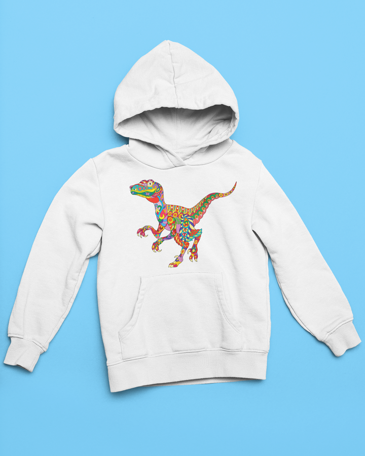 The Kids Velociraptor Zentangle Hoodie by Jurassic Studio features a white hoodie with a vibrant, patterned velociraptor graphic on the front—ideal for any Jurassic Studio fan.