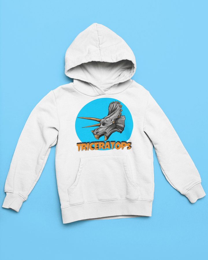 The Jurassic Studio Kids Triceratops Head Hoodie features a bold triceratops head graphic in a blue circle with yellow TRICERATOPS lettering—a perfect dinosaur hoodie for kids.