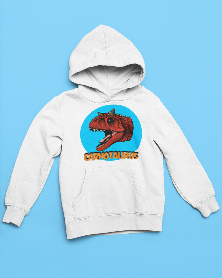 The Kids Carnotaurus Head Hoodie by Jurassic Studio features a colorful Carnotaurus head in a blue circle with bold orange CARNOTAURUS text, displayed on a white hoodie against a blue background.
