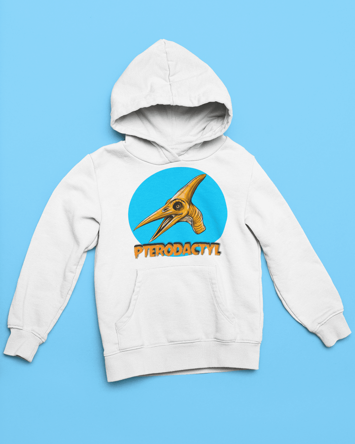 The Kids Pterodactyl Head Hoodie by Jurassic Studio features a vibrant pterodactyl head in a blue oval and bold orange PTERODACTYL below, displayed on white with a light blue background.