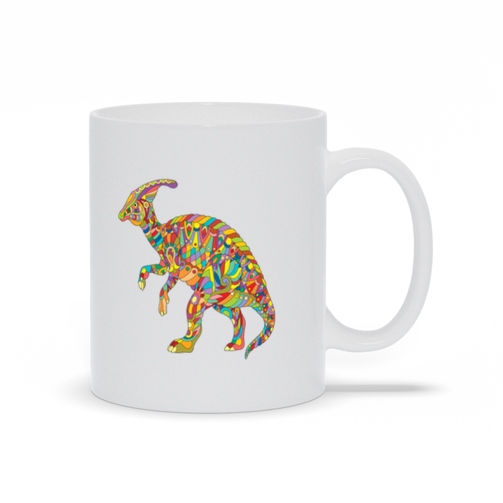 The Hadrosaur Zentangle Mug by Jurassic Studio features exclusive, colorful abstract parasaurolophus art on white ceramic—an ideal addition to any dinosaur mug collection.