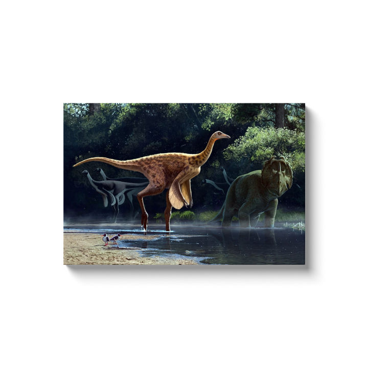 Bring the Jurassic era to your space with the Rativates Canvas Wrap by Jurassic Studio—showcasing a long-necked dinosaur by water, with others and lush trees in the background. Perfect prehistoric artwork for any room.