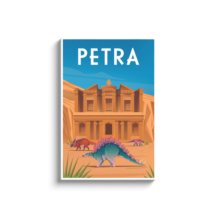 The Petra Canvas Wrap by Jurassic Studio showcases vibrant dinosaur art in front of Al-Khazneh, carved into sandstone cliffs beneath a clear blue sky. PETRA crowns this striking canvas wall art, perfect for any space.