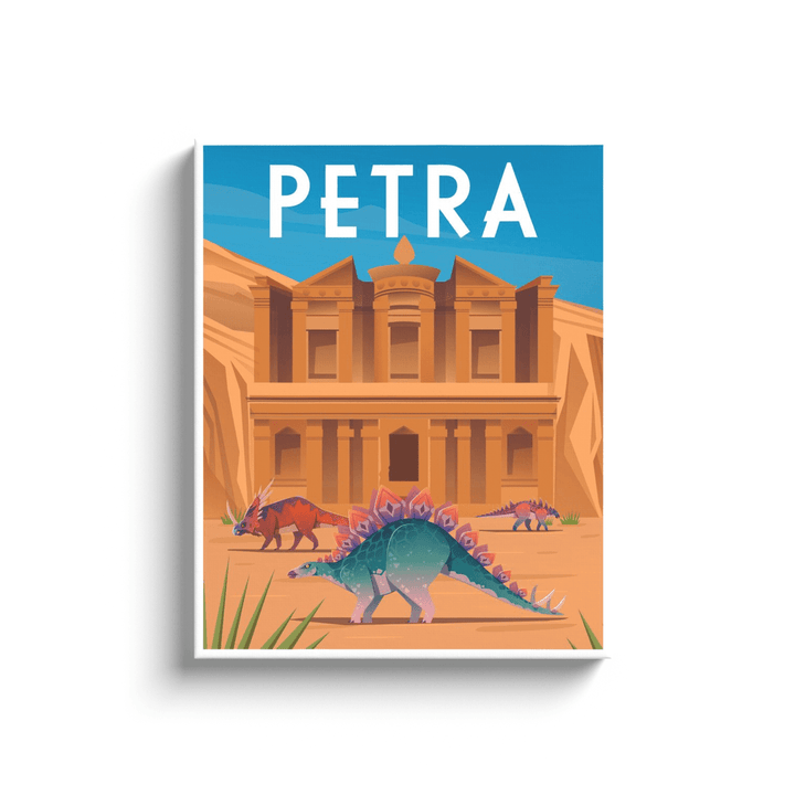 The Petra Canvas Wrap by Jurassic Studio features vibrant dinosaur artwork—including a Stegosaurus—against Petra’s Al-Khazneh, creating a lively desert landscape perfect for dinosaur art lovers.