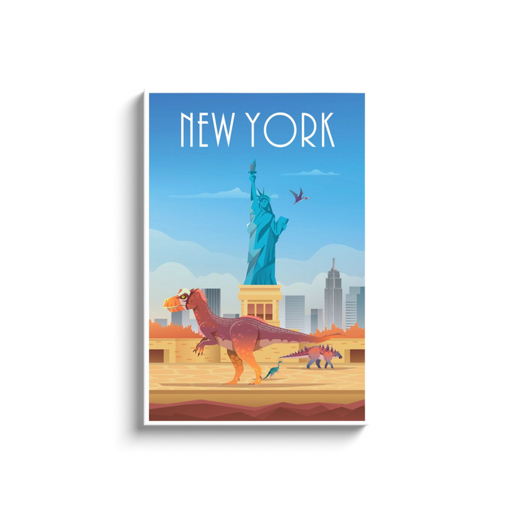 The New York Canvas Wrap by Jurassic Studio features a playful illustration of the Statue of Liberty, skyscrapers, and two cartoon dinosaurs, with NEW YORK at the top—a vibrant wall art for dinosaur fans.