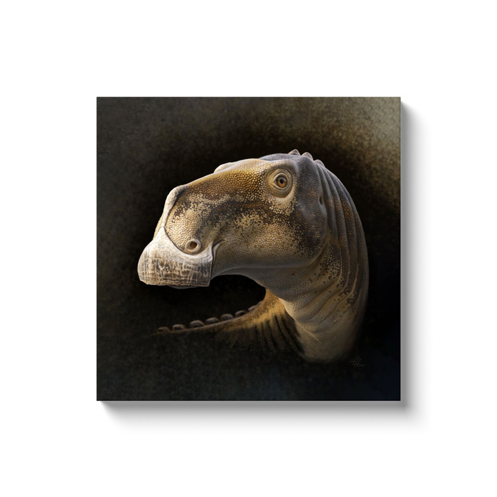 The Acristavus Portrait Canvas Wrap by Jurassic Studio features a digital illustration of a dinosaur’s head and neck with textured brown and tan scales on a dark gradient background—a striking addition to any space.