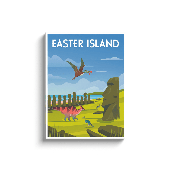 Jurassic Studio’s Easter Island Canvas Wrap features vibrant dinosaurs, Moai statues, green hills, and a pterosaur soaring under blue skies. Perfect dino-themed wall art for any Jurassic fan!.