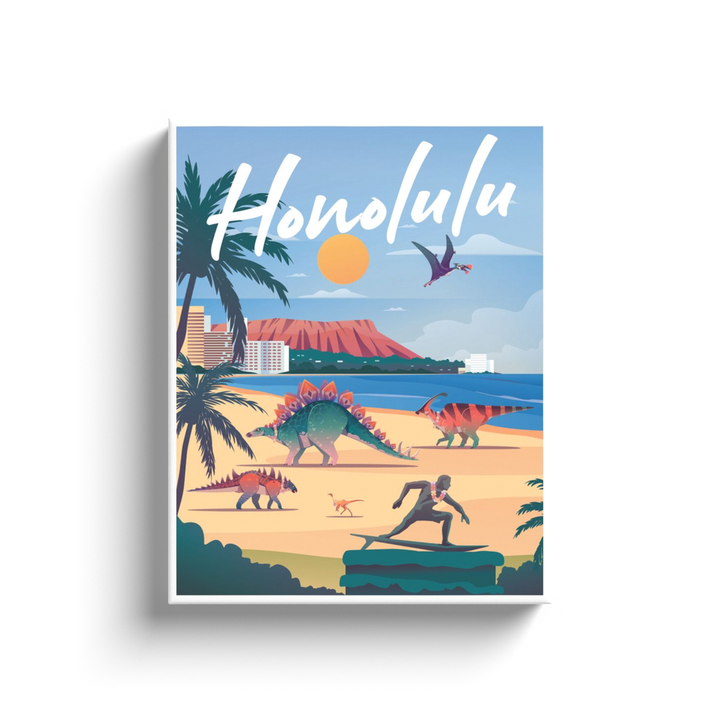 The Honolulu Canvas Wrap by Jurassic Studio showcases vibrant dinosaur art on a sunny beach with palm trees, ocean, surfer, and Diamond Head—playful wall decor perfect for brightening your space.