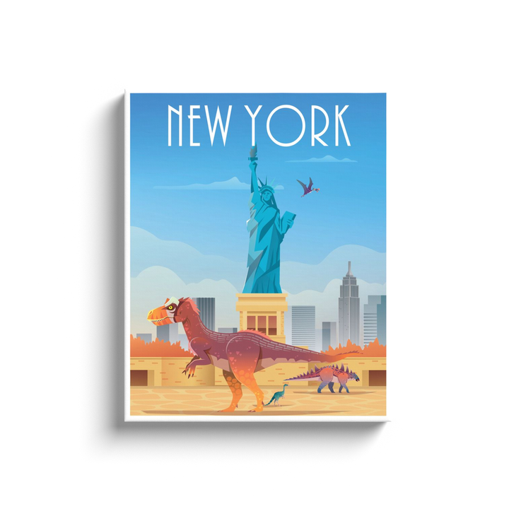 Jurassic Studio’s New York Canvas Wrap features vibrant dinosaur artwork set before the Statue of Liberty and NYC skyline, with NEW YORK at the top—a bold statement piece for any space.
