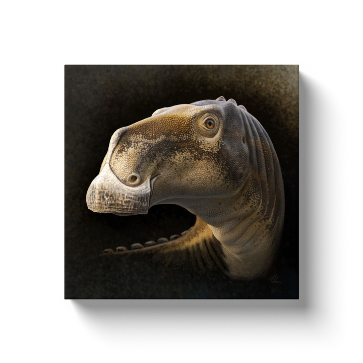 The Acristavus Portrait Canvas Wrap by Jurassic Studio features a lifelike illustration of this herbivorous dinosaur with textured skin and large eyes against a dark backdrop—ideal wall art for any space.