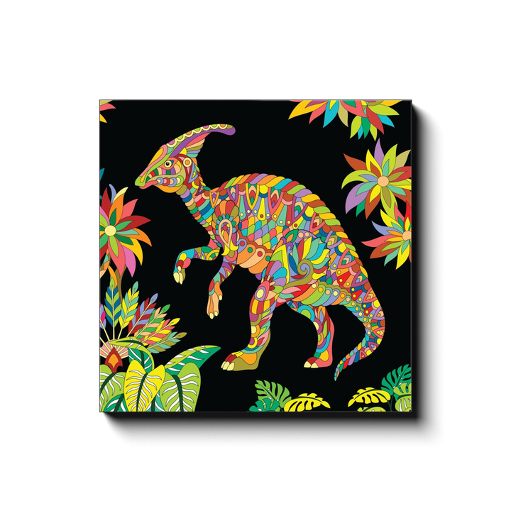 The Hadrosaur Zentangle Canvas Wrap by Jurassic Studio features a colorful Parasaurolophus dinosaur among vibrant plants and flowers on a black background—an eye-catching, bold, and intricately designed artwork.
