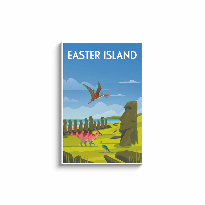 Jurassic Studios Easter Island Canvas Wrap features moai statues, a lush landscape, two dinosaurs, a flying reptile, and blue skies. EASTER ISLAND is displayed at the top—perfect dinosaur wall art for any space.