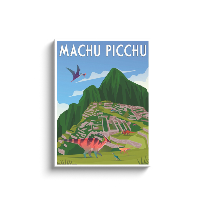 The Machu Picchu Canvas Wrap by Jurassic Studio features vibrant dinosaur art with colorful dinosaurs, a flying pterosaur, and bold “Machu Picchu” text—perfect wall décor for any space.