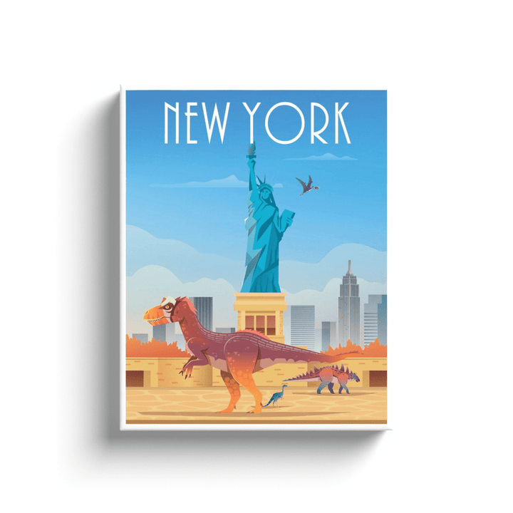 The New York Canvas Wrap by Jurassic Studio shows the Statue of Liberty, skyscrapers, and dinosaurs under a blue sky with NEW YORK at the top—a unique dinosaur artwork to enhance your space.