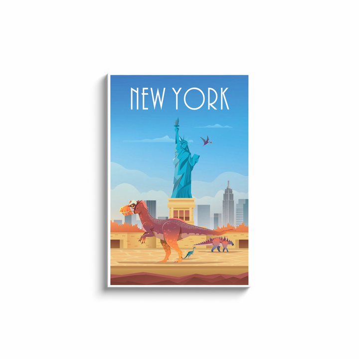 Jurassic Studios New York Canvas Wrap features an illustration of the Statue of Liberty with skyscrapers and vibrant dinosaurs, making it perfect dinosaur artwork or canvas wall art for any space.