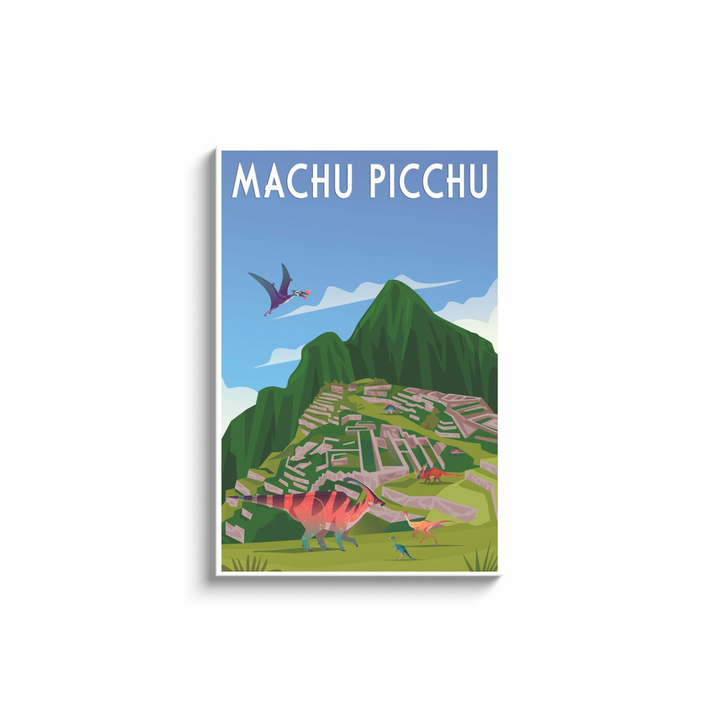 Jurassic Studios Machu Picchu Canvas Wrap features illustrated dinosaurs among green mountains and ancient ruins, with Machu Picchu at the top. A perfect gallery-wrapped canvas for unique wall art decor.