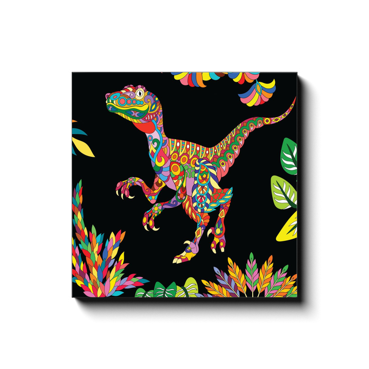 The Velociraptor Zentangle Canvas Wrap by Jurassic Studio features a vibrant, patterned dinosaur with colorful leaves on a black background—an eye-catching piece of wall art for your unique space.