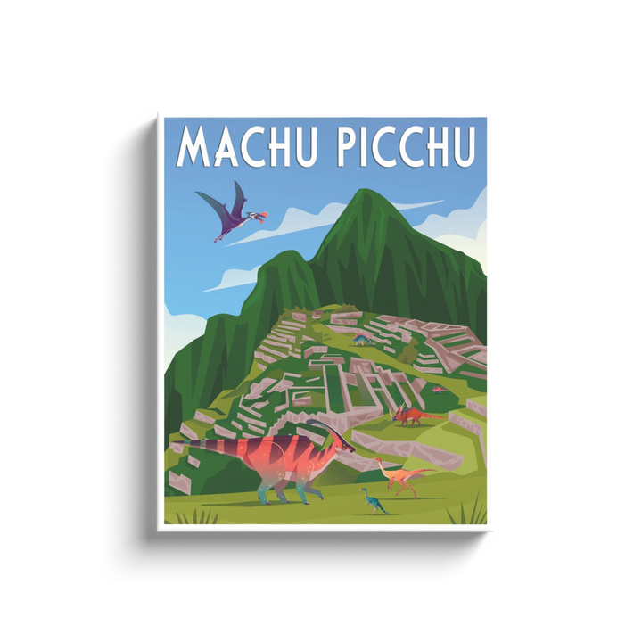 Jurassic Studios Machu Picchu Canvas Wrap features stylized ruins, mountain scenery, colorful dinosaurs, and a flying pterosaur. The vibrant dinosaur art includes the Machu Picchu title at the top—ideal canvas wall art for your space.