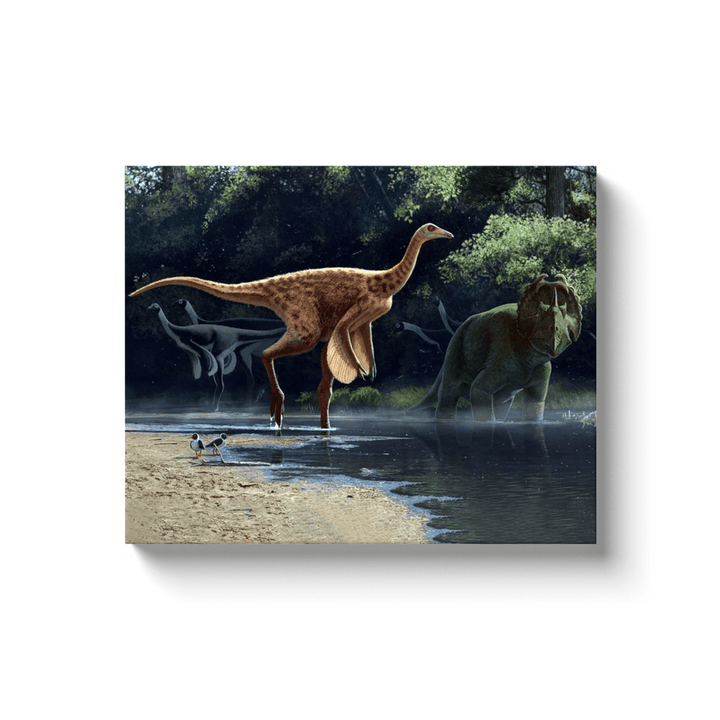 The Rativates Canvas Wrap by Jurassic Studio features a long-necked dinosaur by a misty river with forest and bird-like creatures—ideal wall art for any dinosaur lover’s decor.