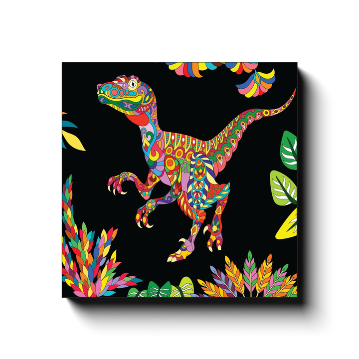 The Velociraptor Zentangle Canvas Wrap by Jurassic Studio features a vibrant, intricately patterned dinosaur on a black background with bold decorative designs—perfect for striking, unique wall art.