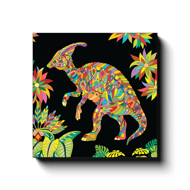 The Hadrosaur Zentangle Canvas Wrap by Jurassic Studio showcases a colorful Parasaurolophus with intricate geometric patterns among abstract flowers on a black background—perfect wall art for any space.